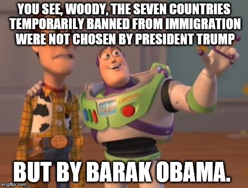 X, X Everywhere | YOU SEE, WOODY, THE SEVEN COUNTRIES TEMPORARILY BANNED FROM IMMIGRATION WERE NOT CHOSEN BY PRESIDENT TRUMP; BUT BY BARAK OBAMA. | image tagged in memes,x x everywhere | made w/ Imgflip meme maker