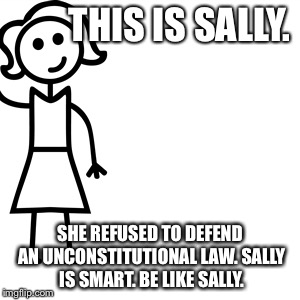 Be like jill  | THIS IS SALLY. SHE REFUSED TO DEFEND AN UNCONSTITUTIONAL LAW. SALLY IS SMART. BE LIKE SALLY. | image tagged in be like jill | made w/ Imgflip meme maker