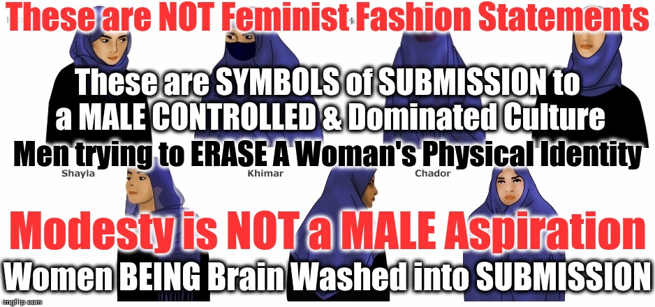 Feminism | These are NOT Feminist Fashion Statements; These are SYMBOLS of SUBMISSION to a MALE CONTROLLED & Dominated Culture; Men trying to ERASE A Woman's Physical Identity; Modesty is NOT a MALE Aspiration; Women BEING Brain Washed into SUBMISSION | image tagged in feminism | made w/ Imgflip meme maker