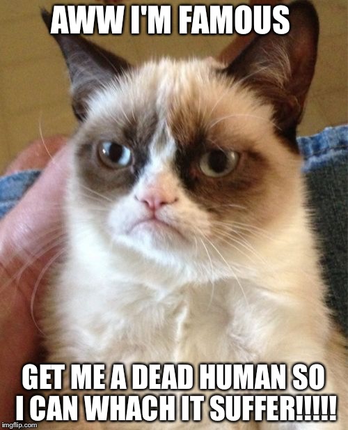 Grumpy Cat Meme | AWW I'M FAMOUS; GET ME A DEAD HUMAN SO I CAN WHACH IT SUFFER!!!!! | image tagged in memes,grumpy cat | made w/ Imgflip meme maker