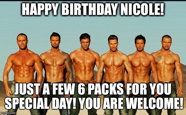 HappyBirthday | HAPPY BIRTHDAY NICOLE! JUST A FEW 6 PACKS FOR YOU SPECIAL DAY! YOU ARE WELCOME! | image tagged in happybirthday | made w/ Imgflip meme maker