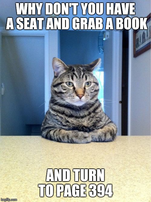 Take A Seat Cat | WHY DON'T YOU HAVE A SEAT AND GRAB A BOOK; AND TURN TO PAGE 394 | image tagged in memes,take a seat cat | made w/ Imgflip meme maker