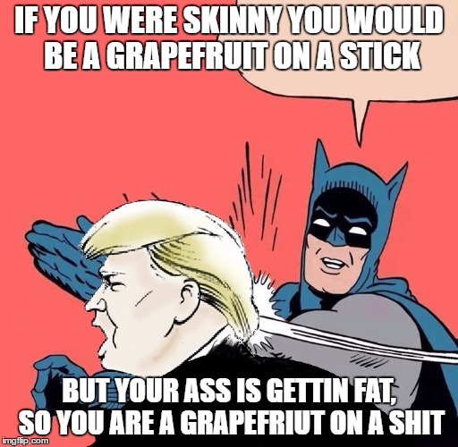 Batman slaps Trump | IF YOU WERE SKINNY YOU WOULD BE A GRAPEFRUIT ON A STICK; BUT YOUR ASS IS GETTIN FAT, SO YOU ARE A GRAPEFRIUT ON A SHIT | image tagged in batman slaps trump | made w/ Imgflip meme maker