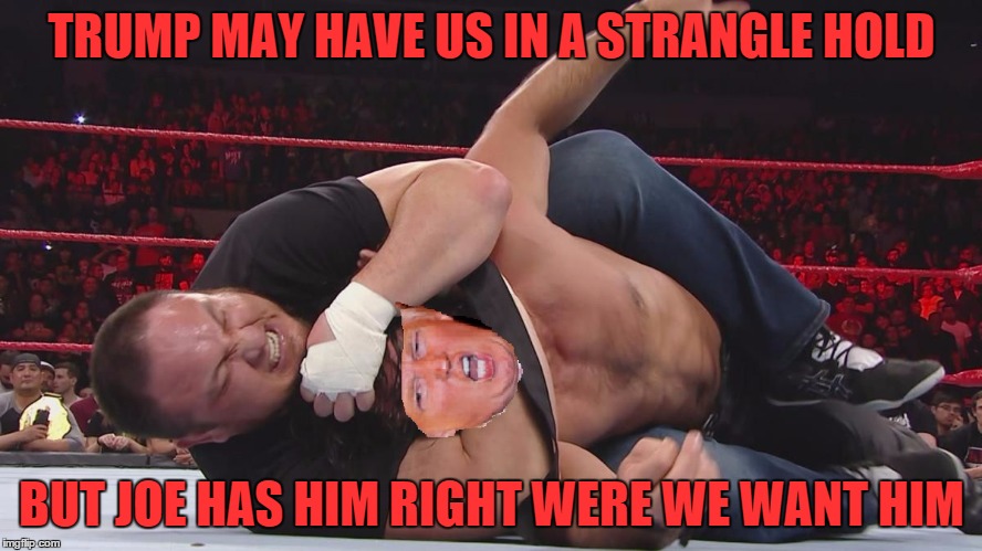 TRUMP MAY HAVE US IN A STRANGLE HOLD; BUT JOE HAS HIM RIGHT WERE WE WANT HIM | image tagged in samoa joe,wwe,trump,donald trump,choke,funny | made w/ Imgflip meme maker