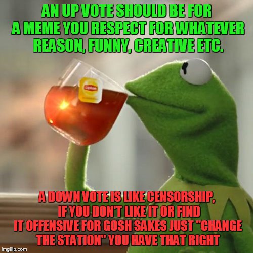 But That's None Of My Business Meme | AN UP VOTE SHOULD BE FOR A MEME YOU RESPECT FOR WHATEVER REASON, FUNNY, CREATIVE ETC. A DOWN VOTE IS LIKE CENSORSHIP,  IF YOU DON'T LIKE IT OR FIND IT OFFENSIVE FOR GOSH SAKES JUST "CHANGE THE STATION" YOU HAVE THAT RIGHT | image tagged in memes,but thats none of my business,kermit the frog | made w/ Imgflip meme maker