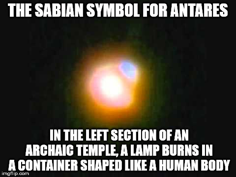 THE SABIAN SYMBOL FOR ANTARES; IN THE LEFT SECTION OF AN ARCHAIC TEMPLE, A LAMP BURNS IN A CONTAINER SHAPED LIKE A HUMAN BODY | made w/ Imgflip meme maker