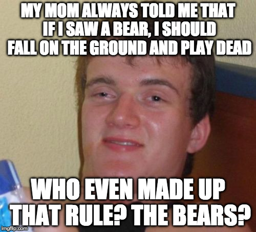 10 Guy Meme | MY MOM ALWAYS TOLD ME THAT IF I SAW A BEAR, I SHOULD FALL ON THE GROUND AND PLAY DEAD; WHO EVEN MADE UP THAT RULE? THE BEARS? | image tagged in memes,10 guy | made w/ Imgflip meme maker