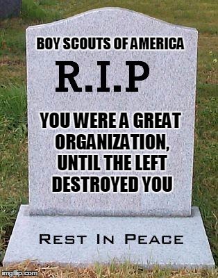 The [Insert Gender Here] Scouts of America | BOY SCOUTS OF AMERICA; YOU WERE A GREAT ORGANIZATION, UNTIL THE LEFT DESTROYED YOU | image tagged in rip headstone | made w/ Imgflip meme maker
