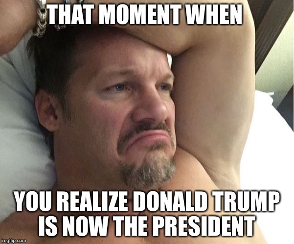 Sad Chris Jericho  | THAT MOMENT WHEN; YOU REALIZE DONALD TRUMP IS NOW THE PRESIDENT | image tagged in sad chris jericho | made w/ Imgflip meme maker