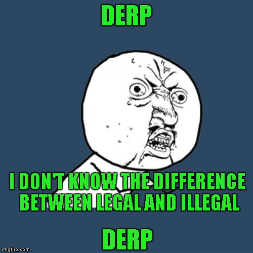 Y U No Meme | DERP DERP I DON'T KNOW THE DIFFERENCE BETWEEN LEGAL AND ILLEGAL | image tagged in memes,y u no | made w/ Imgflip meme maker