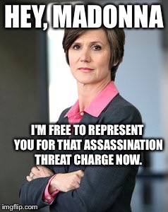 HEY, MADONNA I'M FREE TO REPRESENT YOU FOR THAT ASSASSINATION THREAT CHARGE NOW. | made w/ Imgflip meme maker
