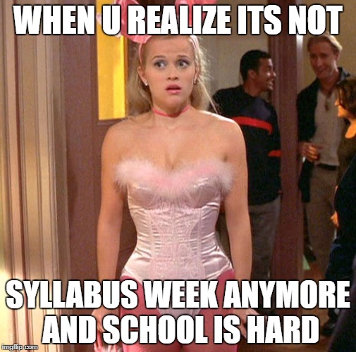 College is hard  | WHEN U REALIZE ITS NOT; SYLLABUS WEEK ANYMORE AND SCHOOL IS HARD | image tagged in legally blonde | made w/ Imgflip meme maker