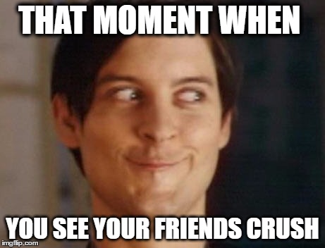 Spiderman Peter Parker Meme | THAT MOMENT WHEN; YOU SEE YOUR FRIENDS CRUSH | image tagged in memes,spiderman peter parker | made w/ Imgflip meme maker