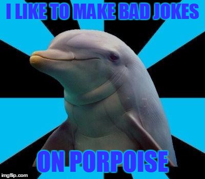 Bad pun dolphin | I LIKE TO MAKE BAD JOKES; ON PORPOISE | image tagged in dolphin,bad pun dolphin,trhtimmy,memes | made w/ Imgflip meme maker