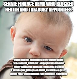 Skeptical Baby | SENATE FINANCE DEMS WHO BLOCKED HEALTH AND TREASURY APPOINTEES:; WYDEN, RON (OR), RANKING MEMBER
STABENOW, DEBBIE (MI)
CANTWELL, MARIA (WA)
NELSON, BILL (FL)
MENENDEZ, ROBERT (NJ)
CARPER, THOMAS R. (DE)
CARDIN, BENJAMIN L. (MD)
BROWN, SHERROD (OH)
BENNET, MICHAEL F. (CO)
CASEY, ROBERT P. (PA)
WARNER, MARK R. (VA)
MCCASKILL, CLAIRE (MO) | image tagged in memes,skeptical baby | made w/ Imgflip meme maker