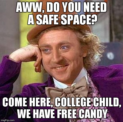 Creepy Condescending Wonka | AWW, DO YOU NEED A SAFE SPACE? COME HERE, COLLEGE CHILD, WE HAVE FREE CANDY | image tagged in memes,creepy condescending wonka | made w/ Imgflip meme maker