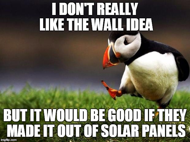 Unpopular Opinion Puffin | I DON'T REALLY LIKE THE WALL IDEA; BUT IT WOULD BE GOOD IF THEY MADE IT OUT OF SOLAR PANELS | image tagged in memes,unpopular opinion puffin | made w/ Imgflip meme maker