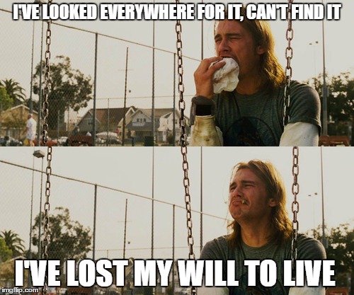 First World Stoner Problems | I'VE LOOKED EVERYWHERE FOR IT, CAN'T FIND IT; I'VE LOST MY WILL TO LIVE | image tagged in memes,first world stoner problems | made w/ Imgflip meme maker