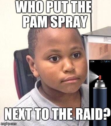 Minor Mistake Marvin Meme | WHO PUT THE PAM SPRAY; NEXT TO THE RAID? | image tagged in memes,minor mistake marvin | made w/ Imgflip meme maker