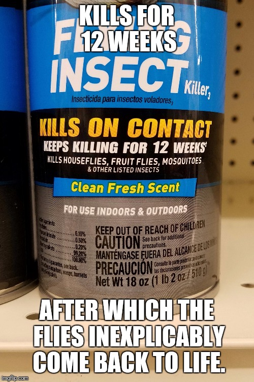 I prefer the stuff that makes 'em stay dead for six months  | KILLS FOR 12 WEEKS; AFTER WHICH THE FLIES INEXPLICABLY COME BACK TO LIFE. | image tagged in bugs,poison,temporary death | made w/ Imgflip meme maker