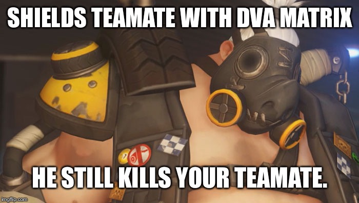 Dva main knowledge. | SHIELDS TEAMATE WITH DVA MATRIX; HE STILL KILLS YOUR TEAMATE. | image tagged in roadhog,overwatch,roadhog overwatch,overwatch roadhog | made w/ Imgflip meme maker