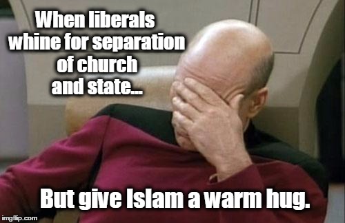 Captain Picard Facepalm Meme | When liberals whine for separation of church and state... But give Islam a warm hug. | image tagged in memes,captain picard facepalm,liberal logic,isis,muslims | made w/ Imgflip meme maker