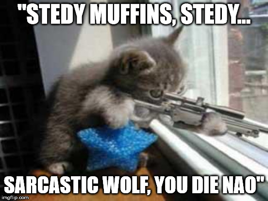 "STEDY MUFFINS, STEDY... SARCASTIC WOLF, YOU DIE NAO" | made w/ Imgflip meme maker