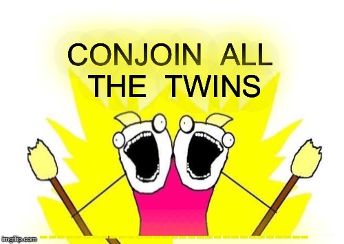 X All The Y Meme | CONJOIN  ALL THE  TWINS; ------------------------------- | image tagged in memes,x all the y | made w/ Imgflip meme maker