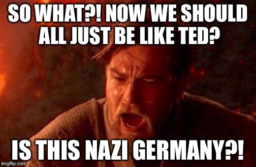 Obi wan | SO WHAT?! NOW WE SHOULD ALL JUST BE LIKE TED? IS THIS NAZI GERMANY?! | image tagged in obi wan | made w/ Imgflip meme maker