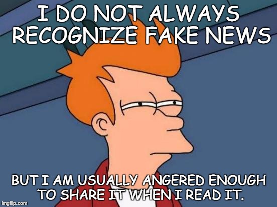 Futurama Fry | I DO NOT ALWAYS RECOGNIZE FAKE NEWS; BUT I AM USUALLY ANGERED ENOUGH TO SHARE IT WHEN I READ IT. | image tagged in memes,futurama fry | made w/ Imgflip meme maker