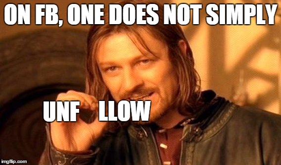 One Does Not Simply | ON FB, ONE DOES NOT SIMPLY; UNF; LLOW | image tagged in memes,one does not simply | made w/ Imgflip meme maker