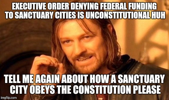 One Does Not Simply Meme | EXECUTIVE ORDER DENYING FEDERAL FUNDING TO SANCTUARY CITIES IS UNCONSTITUTIONAL HUH; TELL ME AGAIN ABOUT HOW A SANCTUARY CITY OBEYS THE CONSTITUTION PLEASE | image tagged in memes,one does not simply | made w/ Imgflip meme maker