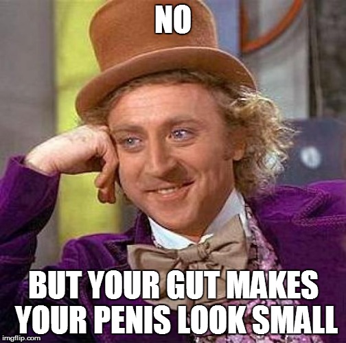 Creepy Condescending Wonka Meme | NO BUT YOUR GUT MAKES YOUR P**IS LOOK SMALL | image tagged in memes,creepy condescending wonka | made w/ Imgflip meme maker