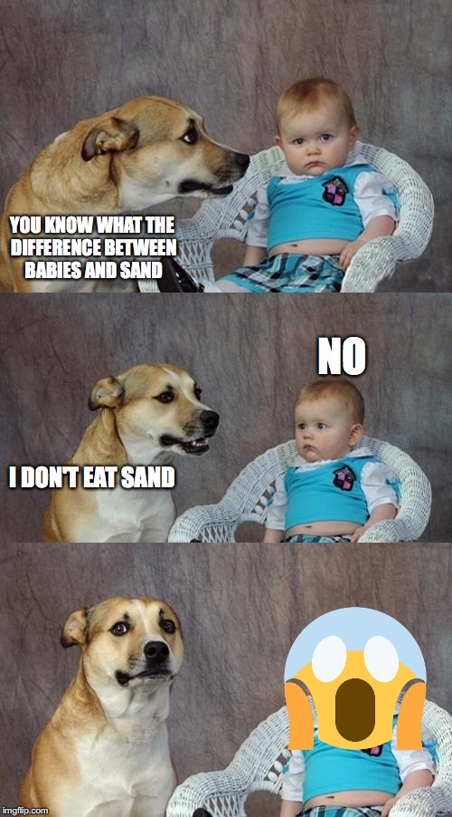 Dad Joke Dog Meme | YOU KNOW WHAT THE DIFFERENCE BETWEEN BABIES AND SAND; NO; I DON'T EAT SAND | image tagged in memes,dad joke dog | made w/ Imgflip meme maker