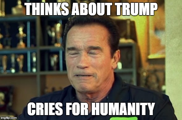Arnold Schwarz | THINKS ABOUT TRUMP; CRIES FOR HUMANITY | image tagged in arnold schwarz | made w/ Imgflip meme maker