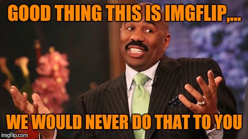 Steve Harvey Meme | GOOD THING THIS IS IMGFLIP,... WE WOULD NEVER DO THAT TO YOU | image tagged in memes,steve harvey | made w/ Imgflip meme maker