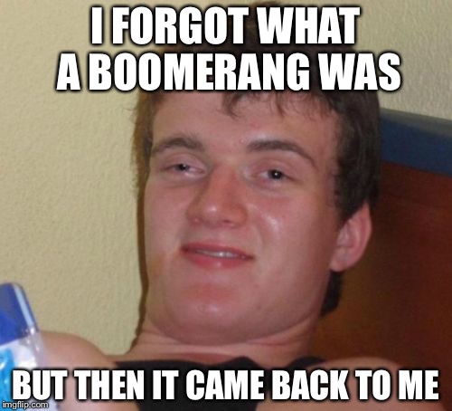 10 Guy | I FORGOT WHAT A BOOMERANG WAS; BUT THEN IT CAME BACK TO ME | image tagged in memes,10 guy | made w/ Imgflip meme maker