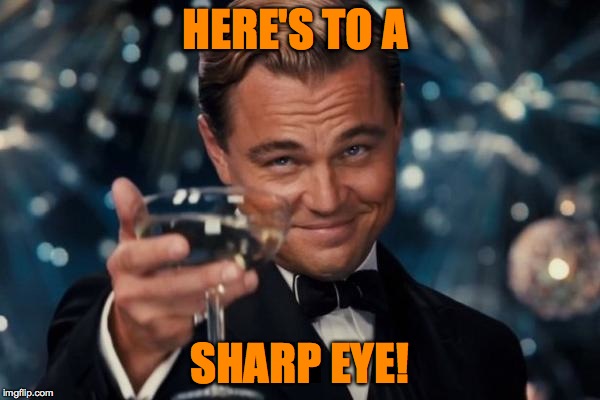 Leonardo Dicaprio Cheers Meme | HERE'S TO A SHARP EYE! | image tagged in memes,leonardo dicaprio cheers | made w/ Imgflip meme maker