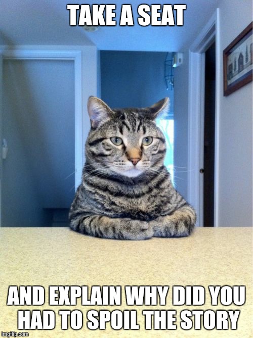 Take A Seat Cat Meme | TAKE A SEAT; AND EXPLAIN WHY DID YOU HAD TO SPOIL THE STORY | image tagged in memes,take a seat cat | made w/ Imgflip meme maker