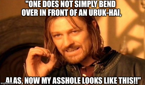 One Does Not Simply Meme | "ONE DOES NOT SIMPLY BEND OVER IN FRONT OF AN URUK-HAI, ALAS, NOW MY ASSHOLE LOOKS LIKE THIS!!" | image tagged in memes,one does not simply | made w/ Imgflip meme maker