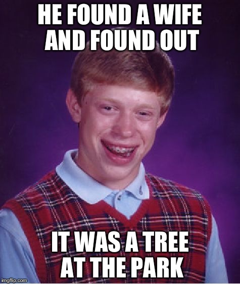 Bad Luck Brian Meme | HE FOUND A WIFE AND FOUND OUT; IT WAS A TREE AT THE PARK | image tagged in memes,bad luck brian | made w/ Imgflip meme maker