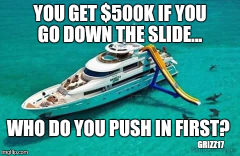 YOU GET $500K IF YOU GO DOWN THE SLIDE... WHO DO YOU PUSH IN FIRST? GRIZZ17 | image tagged in shark slide | made w/ Imgflip meme maker