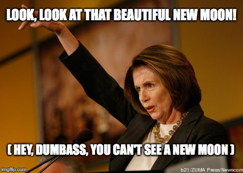 Knows Nothing about Earth/Space Science, But Helps Charge Against Global Climate Change | LOOK, LOOK AT THAT BEAUTIFUL NEW MOON! ( HEY, DUMBASS, YOU CAN'T SEE A NEW MOON ) | image tagged in libtard,pelosi | made w/ Imgflip meme maker