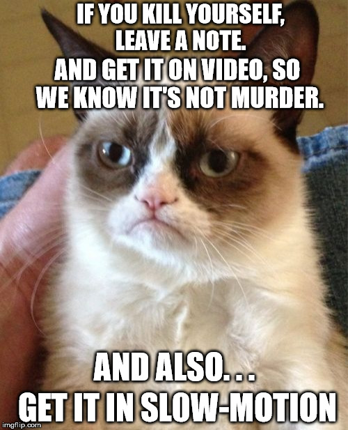Grumpy Cat Meme | IF YOU KILL YOURSELF, LEAVE A NOTE. AND GET IT ON VIDEO, SO WE KNOW IT'S NOT MURDER. AND ALSO. . . GET IT IN SL0W-MOTION | image tagged in memes,grumpy cat,first world problems,grumpy,funny | made w/ Imgflip meme maker