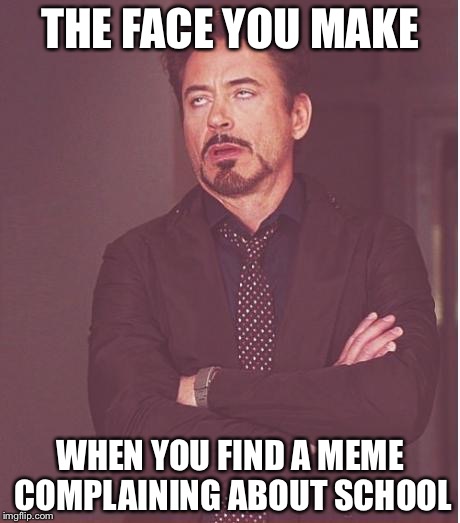 Face You Make Robert Downey Jr | THE FACE YOU MAKE; WHEN YOU FIND A MEME COMPLAINING ABOUT SCHOOL | image tagged in memes,face you make robert downey jr | made w/ Imgflip meme maker