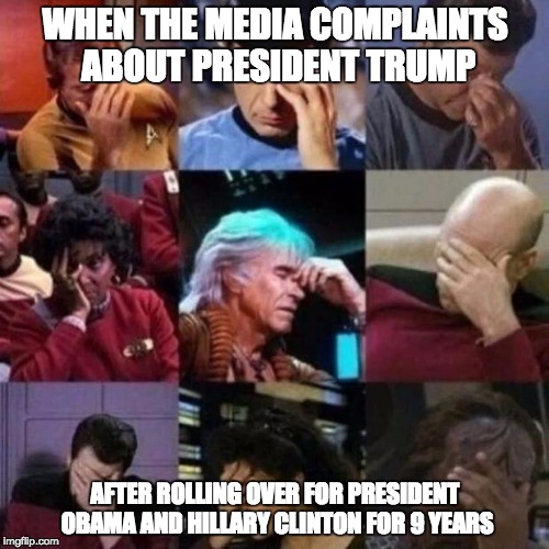 star trek face palm | WHEN THE MEDIA COMPLAINTS ABOUT PRESIDENT TRUMP; AFTER ROLLING OVER FOR PRESIDENT OBAMA AND HILLARY CLINTON FOR 9 YEARS | image tagged in star trek face palm | made w/ Imgflip meme maker