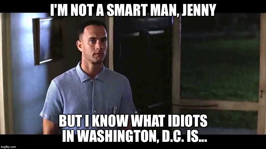 Forrest Gump 2 | I'M NOT A SMART MAN, JENNY; BUT I KNOW WHAT IDIOTS IN WASHINGTON, D.C. IS... | image tagged in forrest gump 2 | made w/ Imgflip meme maker