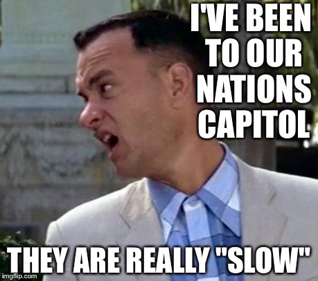 Forrest Gump one less thing | I'VE BEEN TO OUR NATIONS CAPITOL; THEY ARE REALLY "SLOW" | image tagged in forrest gump one less thing | made w/ Imgflip meme maker