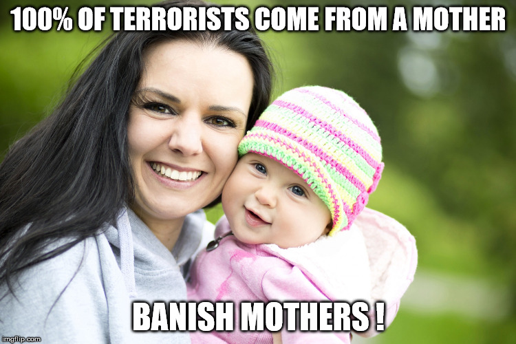100% OF TERRORISTS COME FROM A MOTHER; BANISH MOTHERS ! | image tagged in mommy,terrorists,terrorism,mother,baby,ironic | made w/ Imgflip meme maker