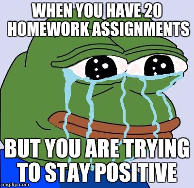 pepe_cry | WHEN YOU HAVE 20 HOMEWORK ASSIGNMENTS; BUT YOU ARE TRYING TO STAY POSITIVE | image tagged in pepe_cry | made w/ Imgflip meme maker
